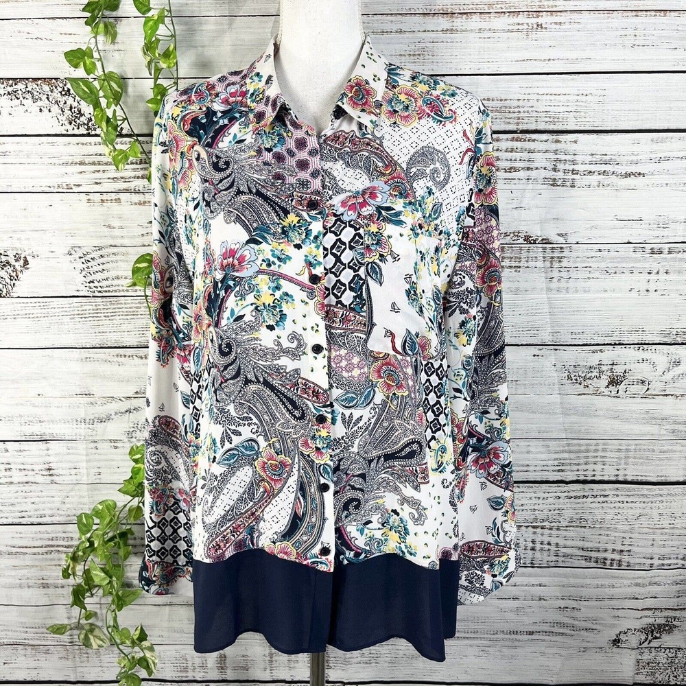 Chico's Blouse size 16 18 3 Blue Pink Floral Paisley Boho Career Modest Church